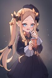 Rule 34 | 1girl, abigail williams (fate), black bow, black dress, black gloves, black hat, blonde hair, blue eyes, blush, bow, breasts, bubble tea, cup, disposable cup, dress, drinking straw, fate/grand order, fate (series), forehead, gloves, hair bow, hat, highres, long hair, long sleeves, looking at viewer, miya (miyaruta), open mouth, orange bow, parted bangs, sidelocks, small breasts, smile, solo, twintails
