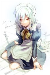 Rule 34 | 1girl, apron, arm support, bad id, bad twitter id, blue bow, blue dress, bow, bowtie, braid, commentary request, dated, dress, hair between eyes, hair bow, izayoi sakuya, juliet sleeves, knife, long sleeves, looking at viewer, maid, maid apron, maid headdress, one-hour drawing challenge, puffy sleeves, red eyes, shadow, short hair, silver hair, sitting, solo, touhou, tsurime, twin braids, waist apron, white apron, white background, yellow bow, yellow bowtie, yuki (popopo)