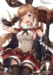 Rule 34 | 10s, 1girl, ;d, aqua eyes, armpits, black gloves, black thighhighs, book, breasts, brown hair, character name, clarisse (granblue fantasy), commentary request, cursive, gloves, granblue fantasy, holding, holding book, long hair, medium breasts, one eye closed, open book, open mouth, ponytail, sakiyamama, sideboob, signature, skirt, smile, solo, thighhighs, twitter username, v, v over eye
