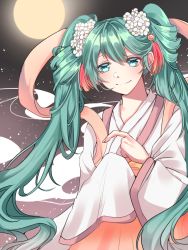 Rule 34 | 1girl, aqua eyes, aqua hair, bad id, bad pixiv id, black background, brown background, flower, full moon, hair flower, hair ornament, hatsune miku, highres, japanese clothes, long hair, moon, pink scarf, ronpu cooing, scarf, sky, smile, solo, star (sky), starry sky, tassel, twintails, upper body, very long hair, vocaloid, wide sleeves