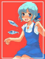Rule 34 | 1girl, alternate hairstyle, bad id, bad pixiv id, blue eyes, blue hair, blush, bow, cirno, dress, hair bow, ice, ice wings, matching hair/eyes, melting, noko (iamsimply2000), open mouth, ponytail, short hair, solo, sweat, touhou, wings
