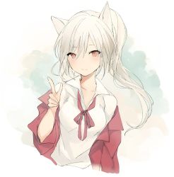 Rule 34 | 1girl, animal ears, blush, closed mouth, collared shirt, commentary request, hand up, index finger raised, jacket, long hair, looking at viewer, lpip, neck ribbon, off shoulder, original, ponytail, red eyes, red jacket, red ribbon, ribbon, shirt, smile, solo, white shirt, wing collar