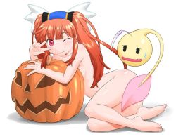 Rule 34 | 1girl, aki shun, closed mouth, dewprism, long hair, looking at viewer, mint (dewprism), nude, orange hair, pumpkin, simple background, smile, twintails, v, white background
