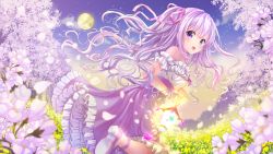 Rule 34 | 1girl, ankle ribbon, blurry, depth of field, dress, eyebrows, field, flower, flower field, full moon, hair between eyes, hair ribbon, highres, holding, holding lantern, lantern, leg ribbon, leg up, long hair, looking at viewer, moon, moyon, one side up, open mouth, original, outdoors, petals, pink hair, pink ribbon, purple eyes, ribbon, solo, standing, standing on one leg, tree, white flower, white ribbon, wrist ribbon