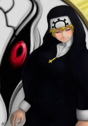 Rule 34 | 1girl, black sclera, blonde hair, closed eyes, colored sclera, cross, cross necklace, double (skullgirls), dual persona, habit, highres, jewelry, monster girl, necklace, nun, red eyes, sansenyama, skullgirls, smile, solo