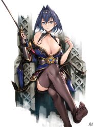 Rule 34 | 1girl, absurdres, alternate costume, bare shoulders, black thighhighs, blue eyes, blue hair, breasts, chain, chain headband, cleavage, commentary, commentary request, crossed legs, dress, gauntlets, hair intakes, heart-shaped gem, highres, holding, holding sword, holding weapon, hololive, hololive english, keisuke desu~, large breasts, looking at viewer, ouro kronii, parted lips, short hair, signature, single gauntlet, sitting, smile, solo, sword, thighhighs, throne, virtual youtuber, weapon