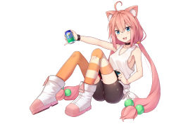 Rule 34 | 1girl, :d, ahoge, animal ears, asymmetrical legwear, bike shorts, blue eyes, boots, breasts, can, cat-quest-sun, cat ears, full body, hair between eyes, hair bobbles, hair ornament, highres, hinata channel, holding, holding can, long hair, looking at viewer, low twintails, mismatched legwear, nekomiya hinata, open mouth, orange thighhighs, pink hair, shirt, sideboob, simple background, sitting, smile, solo, striped clothes, striped thighhighs, tank top, thighhighs, twintails, very long hair, virtual youtuber, white background, white footwear, white shirt