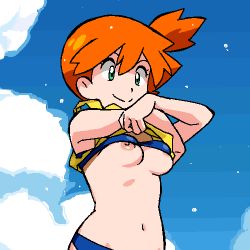 Rule 34 | 1girl, aliasing, areola slip, arms up, bare shoulders, bikini, bikini under clothes, blue background, blue bikini, blue sky, breasts, closed mouth, clothes lift, cloud, creatures (company), day, female focus, game freak, gomatarou (pixiv196136), green eyes, happy, jaggy lines, lifting own clothes, lowres, misty (pokemon), navel, nintendo, nipple slip, nipples, orange hair, outdoors, pokemon, pokemon (anime), pokemon sm042, pokemon sm (anime), shirt, shirt lift, short hair, side ponytail, skindentation, sky, sleeveless, sleeveless shirt, small breasts, smile, solo, standing, stomach, swimsuit, swimsuit under clothes, undressing, wardrobe malfunction, water, yellow shirt