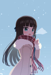 Rule 34 | 1girl, aqua eyes, artist name, artist request, black hair, blue bow, blue shirt, blue sky, blush, bow, breasts, brown jacket, checkered clothes, checkered scarf, checkered skirt, female focus, fur-trimmed jacket, fur trim, green eyes, grey skirt, highres, jacket, kurosawa dia, long hair, looking at viewer, love live!, love live! school idol festival, love live! school idol festival all stars, love live! sunshine!!, mole, mole under mouth, outdoors, parted lips, red scarf, scarf, shiot12345, shirt, skirt, sky, smile, snow, snowflakes, snowing, solo, striped clothes, striped shirt, takenouchi toshio, vertical-striped clothes, vertical-striped shirt