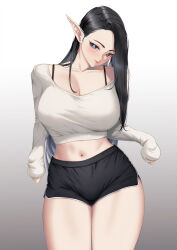 Rule 34 | 1girl, black hair, black shorts, blue eyes, blueorca, breasts, bright pupils, closed mouth, commentary, cowboy shot, cropped sweater, dolphin shorts, elf, gradient background, highres, large breasts, long hair, long sleeves, midriff, mole, mole under mouth, navel, original, pointy ears, shorts, simple background, sleeves past wrists, solo, sweater, white pupils, white sweater