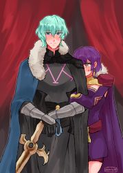 Rule 34 | 1boy, 1girl, absurdres, arm grab, armor, bernadetta von varley, bike shorts, blush, byleth (fire emblem), byleth (male) (fire emblem), cape, curtains, dress, fire emblem, fire emblem: three houses, fur trim, green hair, grey eyes, heroes relic (fire emblem), hiding, highres, holding, holding sword, holding weapon, hug, jewelry, looking at viewer, nintendo, purple dress, purple hair, reikiwie, short hair, shorts, smile, sword, sword of the creator, upper body, weapon