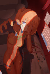 Rule 34 | 1girl, absurdres, blood, blue eyes, breasts, entry plug, hair over one eye, hand over eye, highres, interface headset, la~la, medium breasts, neon genesis evangelion, outstretched arms, plugsuit, segment display, solo, souryuu asuka langley, thigh gap, twintails