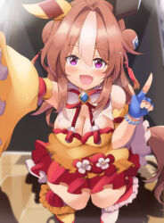 Rule 34 | 1girl, ahoge, animal ears, asymmetrical footwear, bare shoulders, bead bracelet, beads, bracelet, breasts, brown hair, cleavage, commentary request, copano rickey (umamusume), detached sleeves, double bun, ear covers, fang, fingerless gloves, gloves, hair between eyes, hair bun, highres, horse ears, horse tail, jewelry, lens flare, medium breasts, medium hair, mismatched footwear, multicolored hair, open mouth, pointing, pointing up, purple eyes, reaching, reaching towards viewer, shadow, shoes, skin fang, solo, standing, streaked hair, sweat, tail, tonchinkan, umamusume, white footwear, white hair, yellow footwear