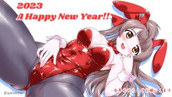 Rule 34 | 1girl, 2023, animal ears, bare shoulders, black pantyhose, bow, bowtie, breasts, brown eyes, brown hair, chinese zodiac, cleavage, commentary request, detached collar, hair bow, happy new year, highres, leotard, long hair, looking at viewer, love live!, lying, medium breasts, minami kotori, nengajou, new year, one side up, open mouth, pantyhose, playboy bunny, rabbit ears, red bow, red bowtie, red leotard, round teeth, simple background, solo, spread legs, strapless, strapless leotard, teeth, upper teeth only, white background, wrist cuffs, year of the rabbit, yukimura hajime