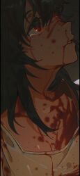 Rule 34 | 1girl, black hair, blood, blood on chest, blood on clothes, blood on face, blood splatter, collarbone, grey background, highres, looking ahead, medium hair, parted lips, raging loop, red eyes, riko-m, serizawa chiemi, shirt, solo, tearing up, upper body, white shirt