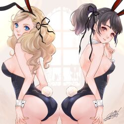 Rule 34 | 2girls, alternate costume, animal ears, ass, ass-to-ass, ass press, backless leotard, bare shoulders, black hair, black leotard, blonde hair, blue eyes, breasts, closed mouth, detached collar, fake animal ears, fake tail, grey eyes, hair ornament, hair ribbon, hairband, hairclip, highres, large breasts, leotard, lips, long hair, medium breasts, multiple girls, persona, persona 5, playboy bunny, ponytail, qoo1234, rabbit ears, rabbit tail, ribbon, signature, smile, suzui shiho, tail, takamaki anne, wavy hair, wrist cuffs