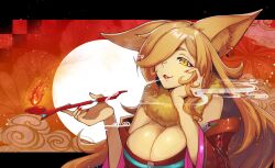 Rule 34 | absurdres, animal ear fluff, animal ears, blonde hair, blowing smoke, breasts, character request, cleavage, earrings, eyeshadow, fox ears, fox girl, hair over one eye, hand on own face, highres, japanese clothes, jewelry, kiseru, large breasts, lipstick, long hair, looking at viewer, makeup, red eyeshadow, red nails, ryuu tou, single earring, slit pupils, smoking, smoking pipe, space leaper: cocoon, yellow eyes