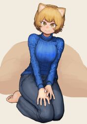 Rule 34 | 1girl, absurdres, alternate costume, animal ears, barefoot, breasts, chanta (ayatakaoisii), denim, fox ears, fox tail, highres, large breasts, looking at viewer, no headwear, pants, ribbed sweater, seiza, short hair, simple background, sitting, solo, sweater, tail, toes, touhou, white background, yakumo ran