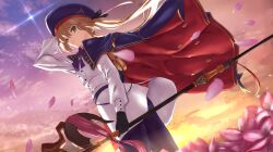 Rule 34 | 1girl, artoria caster (fate), artoria caster (second ascension) (fate), artoria pendragon (fate), belt, beret, black gloves, black pantyhose, blonde hair, blue cape, blue hat, blush, breasts, buttons, cape, double-breasted, dress, fate/grand order, fate (series), gloves, green eyes, hat, highres, holding, holding staff, hood, hooded cape, long hair, long sleeves, looking at viewer, multicolored cape, multicolored clothes, pantyhose, red cape, small breasts, smile, solo, staff, thighs, tsuuhan, twintails, white dress