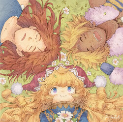 Rule 34 | 1girl, 2boys, blonde hair, blue eyes, brown hair, charlotte (seiken densetsu 3), closed eyes, commentary request, drooling, duran (seiken densetsu 3), fangs, flower, fur trim, hashibi rokou, hat, jester cap, kevin (seiken densetsu 3), long hair, lying, mouth drool, multiple boys, on back, open mouth, red hair, red headwear, seiken densetsu, seiken densetsu 3, short hair, signature, smile, thick eyebrows, upper body