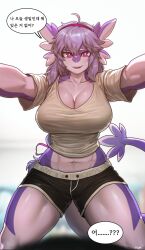 Rule 34 | 1girl, abs, absurdres, black shorts, breasts, cleavage, fins, fish tail, furry, furry female, highres, huge breasts, korean text, large breasts, looking at viewer, midriff, muscular, muscular female, navel, original, pgm300, pink eyes, purple hair, shark, shark girl, shark tail, shirt, shorts, solo, speech bubble, tail, white shirt