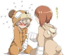 Rule 34 | &gt; &lt;, 2girls, animal costume, bear costume, bed sheet, blush, boko (girls und panzer), brown eyes, brown hair, closed eyes, commentary, flying sweatdrops, girls und panzer, hand on another&#039;s chest, hood, hood down, light brown hair, long sleeves, multiple girls, nipple press, nipple push, nipple stimulation, nishizumi miho, on bed, onesie, open mouth, pajamas, shimada arisu, short hair, simple background, sitting, smile, sweatdrop, tewarusa, translated, trembling, v arms, wariza, white background