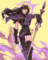Rule 34 | 1girl, armor, black hair, bleeding, blood, breastplate, brown thighhighs, capelet, colored blood, copyright request, edpan, floating hair, gauntlets, hair between eyes, hair ornament, halo, hand up, highres, holding, holding shield, holding sword, holding weapon, long hair, looking at viewer, armored boots, one eye closed, parted lips, purple blood, purple capelet, shield, single leg pantyhose, solo, standing, sword, thighhighs, weapon