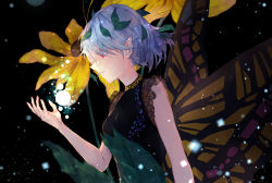 Rule 34 | 1girl, ama asagi, antennae, aqua hair, black background, butterfly wings, dress, eternity larva, fairy, flower, green dress, hair between eyes, hair ornament, insect wings, leaf hair ornament, multicolored clothes, multicolored dress, open mouth, pointy ears, red eyes, short hair, single strap, solo, touhou, wings, yellow flower