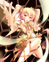 Rule 34 | 10s, 1girl, blonde hair, boots, bow, brooch, cure sunshine, hair ribbon, heart, heart brooch, heartcatch precure!, instrument, jewelry, knee boots, long hair, magical girl, midriff, myoudouin itsuki, nana (732 kaiten), navel, open mouth, orange bow, orange skirt, orange theme, precure, ribbon, skirt, solo, tambourine, twintails, wrist cuffs, yellow bow, yellow eyes