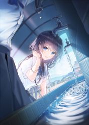Rule 34 | 2girls, absurdres, blue eyes, blue ribbon, blue skirt, breasts, brown hair, cloud, cloudy sky, collared shirt, commentary, dutch angle, english commentary, faucet, hand in own hair, highres, large breasts, light particles, long hair, looking at viewer, momimi, multiple girls, neck ribbon, original, out of frame, parted lips, pleated skirt, ribbon, school uniform, shirt, shirt tucked in, short sleeves, sidelocks, skirt, sky, smile, swept bangs, very long hair, water, water drop, white shirt