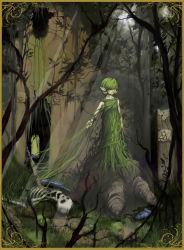 Rule 34 | 1girl, bad end, border, forest, green hair, hair over eyes, highres, instrument, link, master sword, nature, ninanai, nintendo, ocarina, overgrown, plant, pointy ears, saria (zelda), skeleton, sword, th01, the legend of zelda, the legend of zelda: ocarina of time, tree, tree stump, triforce, vines, weapon