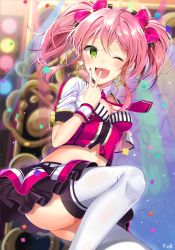 Rule 34 | 1girl, artist name, bad id, bad pixiv id, blurry, blush, bow, breasts, confetti, depth of field, earrings, glint, green eyes, hair bow, hand up, heart, heart earrings, idolmaster, idolmaster cinderella girls, jewelry, jougasaki mika, knee up, looking at viewer, nail polish, necktie, open mouth, pinb, pink hair, purple bow, purple nails, purple necktie, sidelocks, signature, small breasts, smile, solo, teeth, thighhighs, twintails, v, white thighhighs