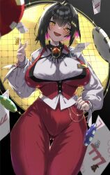 Rule 34 | 1girl, black hair, blush, breasts, card, coin, colored inner hair, from below, gluteal fold, goddess of victory: nikke, hand on own hip, high-waist pants, highres, hii (motorholic), holding, holding coin, large breasts, looking at viewer, multicolored hair, name tag, open mouth, pants, playing card, poker chip, red hair, red pants, rouge (nikke), shirt, short hair, solo, standing, thigh gap, yellow eyes