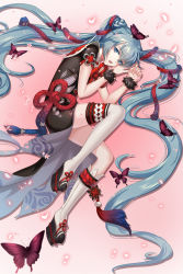 Rule 34 | 1girl, absurdly long hair, black dress, blue eyes, blue hair, bug, butterfly, dress, fetal position, from above, full body, grey thighhighs, guozi li, hair between eyes, hatsune miku, highres, insect, long hair, looking at viewer, lying, on side, open mouth, short sleeves, solo, thighhighs, twintails, very long hair, vocaloid, wrist cuffs