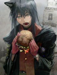 Rule 34 | 1girl, absurdres, animal ear fluff, animal ears, arknights, black hair, black jacket, burger, collared shirt, commentary, deatiose, dress shirt, eating, english commentary, english text, engrish text, fangs, food, gloves, highres, jacket, long hair, official alternate costume, open mouth, orange eyes, poster (object), ranguage, red gloves, red shirt, shirt, solo, texas (arknights), texas (willpower) (arknights), upper body, wanted, watch, wolf ears, wolf girl, wristwatch