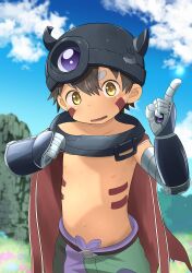 Rule 34 | 1boy, aota xxx, blue flower, blue sky, brown eyes, brown hair, cape, child, cloud, cloudy sky, facial mark, fake horns, floral background, flower, grass, green shorts, hair between eyes, helmet, highres, horned headwear, horned helmet, horns, light blush, looking at viewer, made in abyss, mechanical arms, mechanical hands, mechanical legs, multicolored clothes, multicolored eyes, multicolored shorts, nature, navel, nipples, on grass, open mouth, pink flower, pointing, pointing up, purple flower, purple shorts, red cape, regu (made in abyss), robot, rock, shorts, sky, solo, sweat, sweatdrop, topless male, white background, yellow eyes