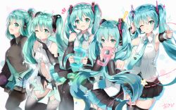Rule 34 | 39, 5girls, :d, ;), aqua eyes, aqua hair, asahi kuroi, black legwear, black skirt, blue necktie, blush, breasts, closed mouth, fang, hand on headphones, hatsune miku, hatsune miku (append), hatsune miku (vocaloid3), hatsune miku (vocaloid4), headphones, highres, jpeg artifacts, long hair, looking at viewer, medium breasts, multiple girls, multiple persona, navel, necktie, one eye closed, open mouth, ponytail, revision, signature, skirt, small breasts, smile, thighhighs, twintails, v4x, vocaloid, vocaloid append