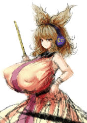 Rule 34 | 1girl, 2b-ge, armband, breasts, brown hair, closed mouth, earmuffs, eyebrows, gigantic breasts, hand on own hip, highres, holding, messy hair, pink shirt, ritual baton, shirt, skirt, smile, solo, tagme, touhou, toyosatomimi no miko, white background, yellow eyes