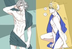 Rule 34 | 2boys, ?, arthur pendragon (fate), bed sheet, blonde hair, blue eyes, edmond dantes (fate), fate/grand order, fate (series), groin, kneeling, looking at viewer, male focus, multiple boys, naked sheet, on one knee, short hair, toned, toned male, wavy hair, white hair, yellow eyes