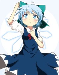 Rule 34 | 1girl, arm up, blue dress, blue eyes, blue hair, blush, bow, cirno, do (4-rt), dress, flat chest, flying sweatdrops, hair bow, hand in own hair, hand on own chest, highres, ice, ice wings, looking up, matching hair/eyes, puffy sleeves, ribbon, shirt, short hair, short sleeves, solo, sweatdrop, touhou, wings
