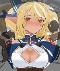 Rule 34 | 1girl, bed sheet, black gloves, blonde hair, blush, bow, breast mousepad, breasts, chinese clothes, cleavage cutout, closed mouth, clothing cutout, dark-skinned female, dark skin, ear blush, fingerless gloves, from above, gloves, hair bow, highres, hololive, long hair, looking at viewer, lying, medium breasts, mousepad, multicolored hair, on back, pointy ears, red eyes, shiranui flare, shiranui flare (old design), shoulder cutout, sketch, solo, streaked hair, sweatdrop, tassel, two-tone hair, upper body, virtual youtuber, white hair, yomosaka
