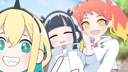 Rule 34 | + +, 3girls, amano pikamee, black hair, black hairband, blonde hair, blunt bangs, blurry, blurry background, bright pupils, clenched teeth, close-up, colored inner hair, commentary request, drawstring, fangs, green eyes, green hair, hair between eyes, hairband, hand on another&#039;s face, high collar, highres, hikasa tomoshika, hikasa tomoshika (artist), hood, hood down, hoodie, hug, hug from behind, jacket, jitomi monoe, long sleeves, looking at viewer, magnet, multicolored hair, multiple girls, open mouth, outdoors, red nails, sharp teeth, short hair, smile, sweatdrop, teeth, twintails, two-tone hair, virtual youtuber, voms, waving, white hoodie, white jacket, white pupils, yellow eyes, zipper pull tab