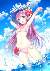 Rule 34 | 1girl, :d, armpits, arms up, bikini, blue eyes, blue sky, blush, bracelet, breasts, bubble, cloud, day, flower, from below, gluteal fold, hair flower, hair ornament, hand on headwear, hat, hibiscus, highres, jewelry, long hair, looking at viewer, nardack, navel, open mouth, original, outdoors, outstretched arm, partially submerged, pink hair, sky, small breasts, smile, solo, splashing, stomach, straight hair, strap gap, straw hat, striped bikini, striped clothes, swimsuit, thighs, vertical-striped bikini, vertical-striped clothes, very long hair, wading, water, water drop, wide-eyed, wristband