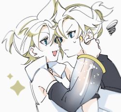 Rule 34 | 2boys, bare shoulders, bass clef, black collar, blonde hair, blouse, collar, detached sleeves, dual persona, face-to-face, frown, hand on another&#039;s head, high collar, kagamine len, kagamine len (append), looking at another, male focus, motu0505, multiple boys, nail polish, pendant choker, sailor collar, see-through, see-through sleeves, shirt, short ponytail, short sleeves, smile, sparkle, spiked hair, squiggle, sweat, upper body, v-shaped eyebrows, vocaloid, vocaloid append, white background, white shirt, yellow nails
