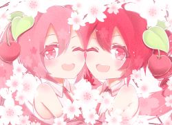 Rule 34 | 2girls, bare shoulders, cheek-to-cheek, cherry, cherry blossoms, cherry hair ornament, commentary, cosplay, crossover, detached sleeves, drill hair, flower, food, food-themed hair ornament, fruit, hair ornament, hatsune miku, heads together, highres, kasane teto, leaf, looking at viewer, multiple girls, necktie, one eye closed, pink eyes, pink hair, pink neckwear, red eyes, red hair, sakura miku, sakura miku (cosplay), shirt, shoulder tattoo, sleeveless, sleeveless shirt, smile, star (symbol), star in eye, symbol in eye, symmetry, tattoo, twintails, upper body, utau, vocaloid, xaruex