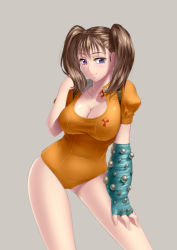 Rule 34 | 10s, 1girl, :t, adjusting hair, arm support, blue gloves, blush, bodysuit, breasts, brown hair, buckle, cleavage, closed mouth, collarbone, contrapposto, covered navel, cowboy shot, diane (nanatsu no taizai), elbow gloves, emblem, fingerless gloves, gloves, grey background, grey hair, hand on own thigh, hand up, happy, harness, high collar, hip focus, kai (link2262), kemonomimi mode, large breasts, leaning, legs apart, leotard, light smile, long hair, looking at viewer, nanatsu no taizai, navel, puffy short sleeves, puffy sleeves, purple eyes, short hair, short sleeves, short twintails, simple background, single elbow glove, skindentation, smile, solo, standing, tail, taut clothes, twintails