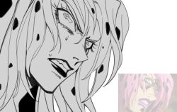 Rule 34 | 1boy, clenched teeth, constricted pupils, derivative work, diavolo, grey background, jojo no kimyou na bouken, lipstick, long hair, makeup, male focus, portrait, screenshot redraw, sempon (doppio note), solo, spotted hair, sweat, teeth, vento aureo
