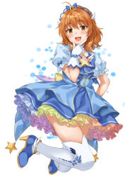 Rule 34 | 1girl, absurdres, ahoge, araki hina, blue choker, blue dress, blush, breasts, brooch, brown eyes, brown hair, choker, cinderella girls gekijou, collarbone, dot nose, dress, finger to own chin, full body, gloves, gradient dress, hand up, high heels, highres, idolmaster, idolmaster cinderella girls, idolmaster cinderella girls starlight stage, jewelry, looking at viewer, magical girl, medium breasts, messy hair, open mouth, short hair, short sleeves, simple background, sirurabbit, smile, solo, star (symbol), star brooch, thighhighs, tiara, white background, white gloves, white thighhighs