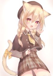 Rule 34 | 1girl, :d, animal ears, beret, blonde hair, bow, braid, brown capelet, brown hat, brown skirt, brown sweater, capelet, cat ears, cat girl, cat tail, collared capelet, commentary, cowboy shot, gradient eyes, hair between eyes, hat, high-waist skirt, highres, isuku amako, long hair, long sleeves, looking at viewer, low twin braids, multicolored eyes, natamo project, nateyo rakai, necktie, open mouth, orange eyes, plaid, plaid skirt, puffy long sleeves, puffy sleeves, simple background, skirt, slit pupils, smile, solo, sweater, symbol-only commentary, tail, tail bow, tail ornament, thick eyebrows, twin braids, virtual youtuber, white background, wing collar, yellow bow, yellow necktie