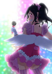 Rule 34 | 10s, 1girl, black hair, blush, bow, choker, cowboy shot, dress, earrings, from behind, gloves, grin, hair bow, highres, idol, jewelry, looking back, love live!, love live! school idol festival, love live! school idol project, m/, microphone, oku no shi, red dress, red eyes, short hair, smile, solo, striped clothes, striped thighhighs, thighhighs, twintails, vertical-striped clothes, vertical-striped thighhighs, white gloves, yazawa nico
